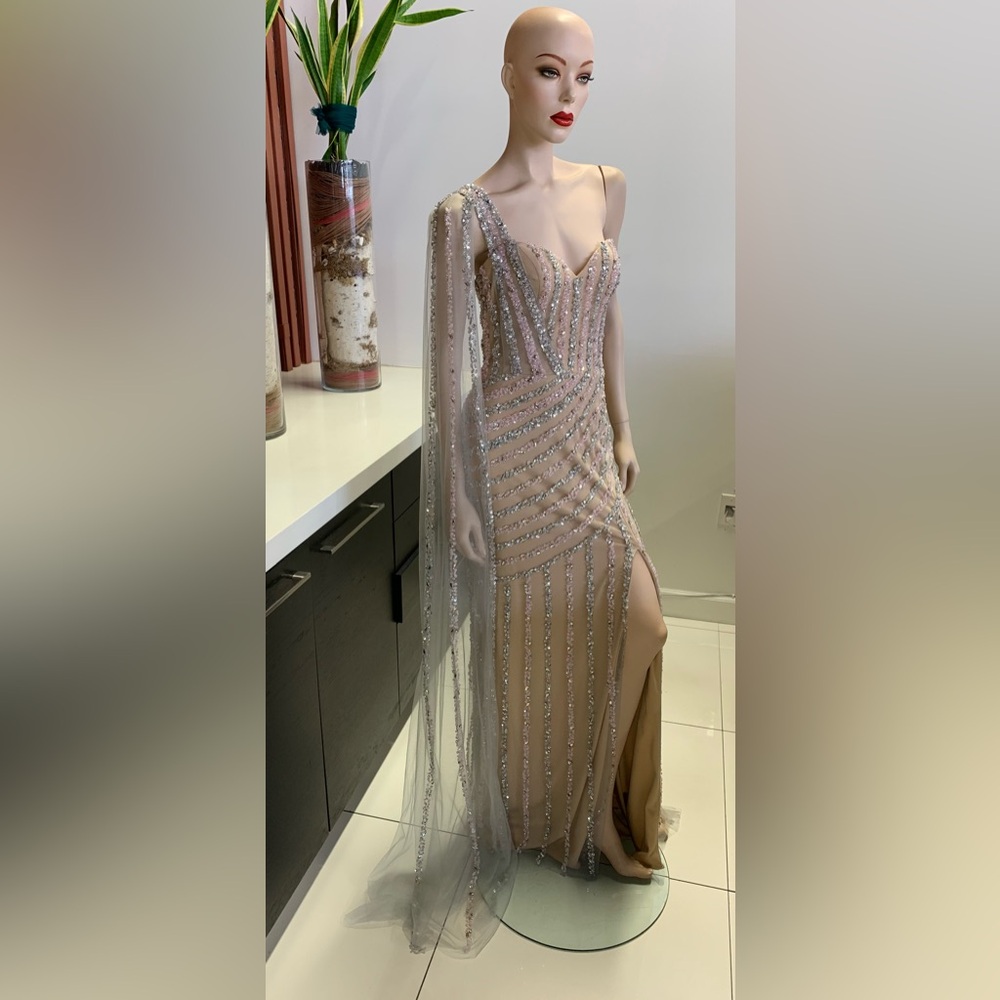 Terani Couture 2111P4049 S - One Shoulder with Cape Sleeve Blush/Silver